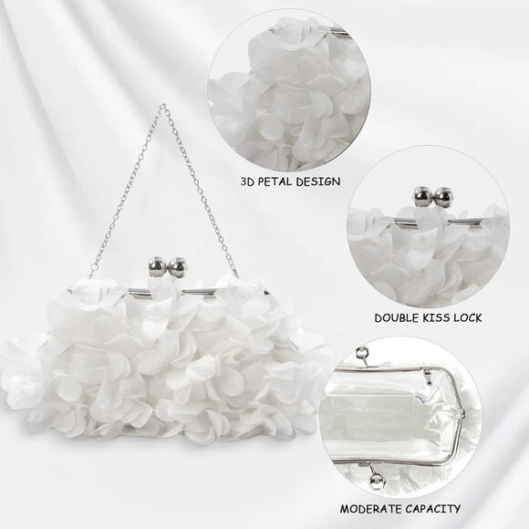 Women's White Floral Elegant Detachable Chain Party Wedding Prom Clutch Bag - Picture 4 of 8